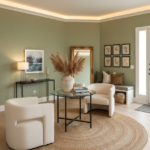 Plain light green textured wallpaper with subtle horizontal weave pattern, luxury grasscloth look wallcovering for modern living room and bedroom interior