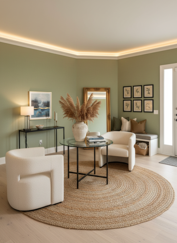 Plain light green textured wallpaper with subtle horizontal weave pattern, luxury grasscloth look wallcovering for modern living room and bedroom interior