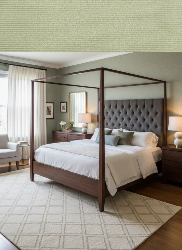 Plain light green textured wallpaper with subtle horizontal weave pattern, luxury grasscloth look wallcovering for modern living room and bedroom interior