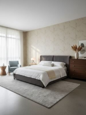 Luxury beige geometric textured wallpaper with woven grid fabric effect, Armani Casa inspired modern designer wallcovering for living room and bedroom interiors.