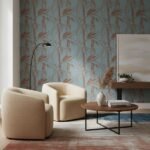 Luxury rust botanical leaf wallpaper on textured linen background, Armani Casa inspired floral designer wallcovering for modern living room and bedroom interiors.