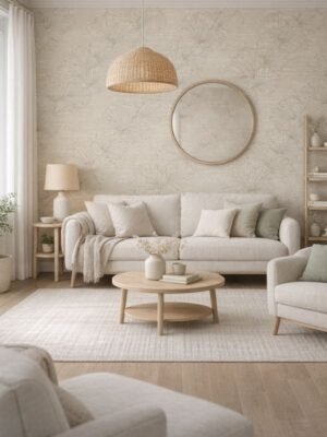 Elegant ginkgo leaf floral wallpaper in soft beige and neutral tones with delicate line art botanical pattern