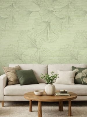 Soft sage green ginkgo leaf wallpaper with textured background, modern botanical wall covering for living room and bedroom interiors