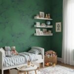 Green ginkgo leaf wallpaper with dark line art detailing on textured grasscloth background, luxury botanical wallcovering for living room and bedroom interiors