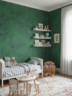 Green ginkgo leaf wallpaper with dark line art detailing on textured grasscloth background, luxury botanical wallcovering for living room and bedroom interiors