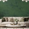 Green ginkgo leaf wallpaper with dark line art detailing on textured grasscloth background, luxury botanical wallcovering for living room and bedroom interiors