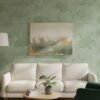 Green ginkgo leaf pattern wallpaper with textured linen effect background, modern botanical designer wall covering for living room and bedroom interiors