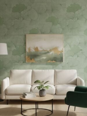 Green ginkgo leaf pattern wallpaper with textured linen effect background, modern botanical designer wall covering for living room and bedroom interiors