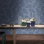 Armani Casa Refined Structure 3 wallpaper in textured blue floral pattern, luxury designer wallcovering for elegant dining room and premium interiors