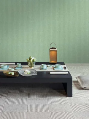 Luxury deep sage green vertical textured wallpaper with linear fabric effect, Armani Casa inspired designer wallcovering for modern living room, bedroom and office interiors.