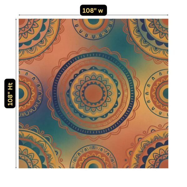 Bohemian mandala wallpaper in terracotta, teal, indigo, and mustard tones with hand-drawn circular patterns for artistic luxury interiors