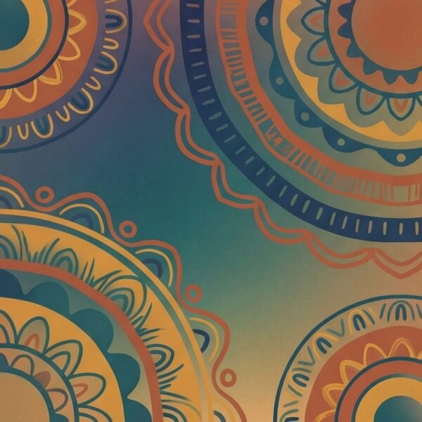 Bohemian mandala wallpaper in terracotta, teal, indigo, and mustard tones with hand-drawn circular patterns for artistic luxury interiors