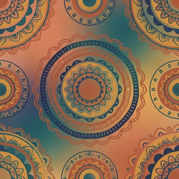 Bohemian mandala wallpaper in terracotta, teal, indigo, and mustard tones with hand-drawn circular patterns for artistic luxury interiors