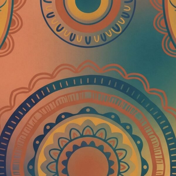 Bohemian mandala wallpaper in terracotta, teal, indigo, and mustard tones with hand-drawn circular patterns for artistic luxury interiors