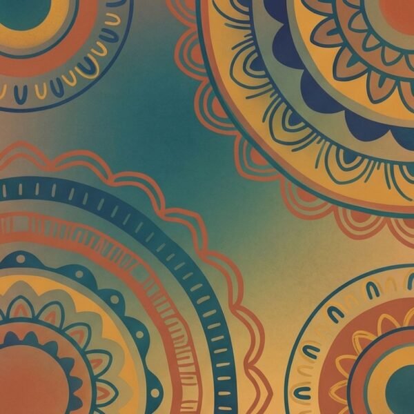 Bohemian mandala wallpaper in terracotta, teal, indigo, and mustard tones with hand-drawn circular patterns for artistic luxury interiors