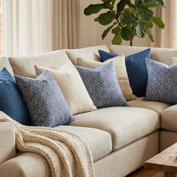 Luxury blue geometric patterned designer cushion with intricate swirl motifs styled on textured wallpaper background, premium interior decor inspiration.