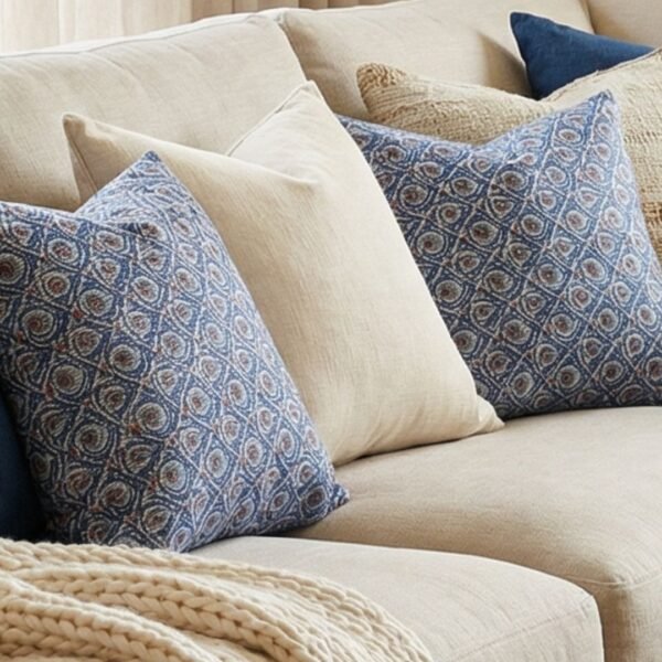 Luxury blue geometric patterned designer cushion with intricate swirl motifs styled on textured wallpaper background, premium interior decor inspiration.