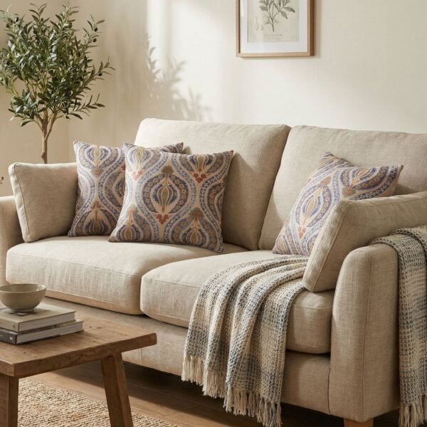 Luxury paisley cushion covers in beige and royal blue with intricate floral motifs, premium woven fabric decorative pillows for elegant living room and bedroom interiors.