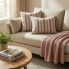 Luxury striped designer cushion cover in blush pink, taupe and cream woven fabric, bespoke pillow for modern premium living room decor