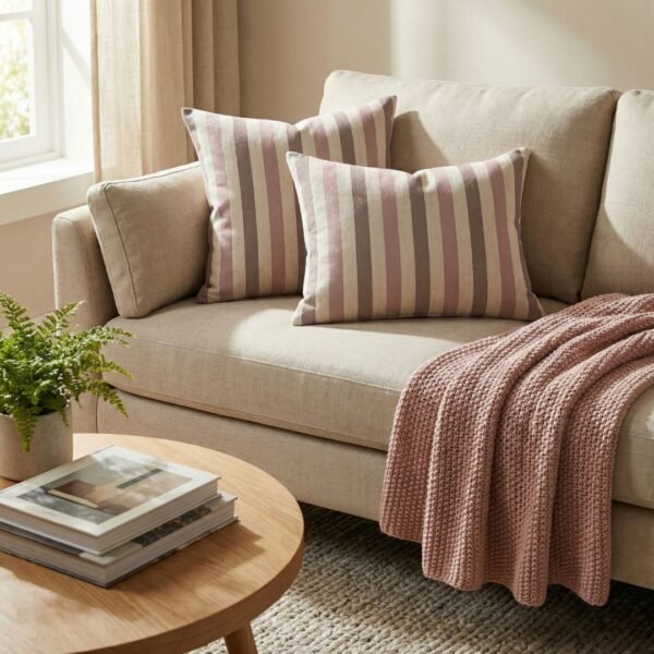 Luxury striped designer cushion cover in blush pink, taupe and cream woven fabric, bespoke pillow for modern premium living room decor