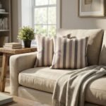 Luxury striped designer cushion cover in blush pink, taupe and cream woven fabric, bespoke pillow for modern premium living room decor