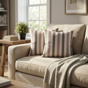 Luxury striped designer cushion cover in blush pink, taupe and cream woven fabric, bespoke pillow for modern premium living room decor