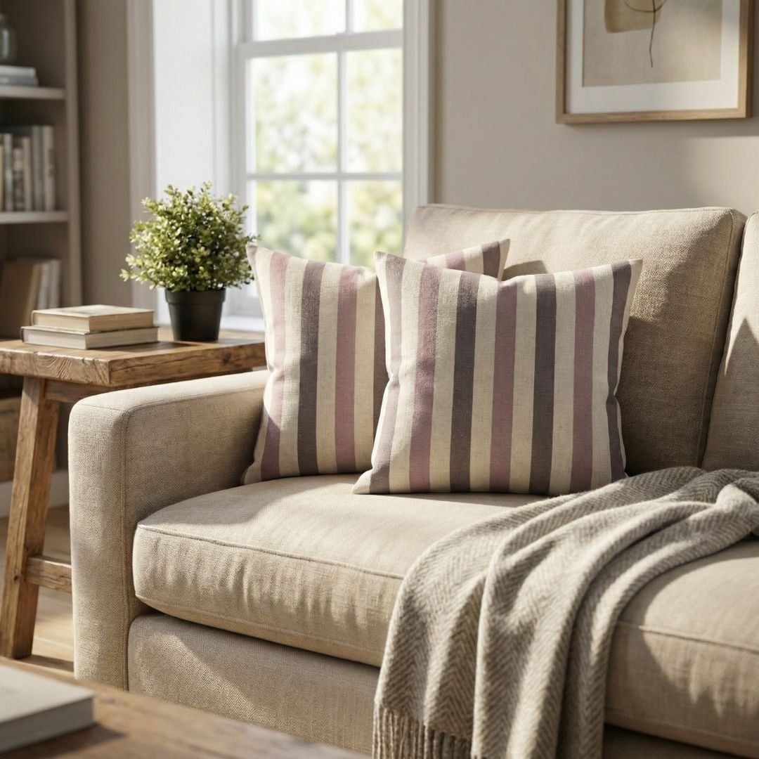 Luxury striped designer cushion cover in blush pink, taupe and cream woven fabric, bespoke pillow for modern premium living room decor