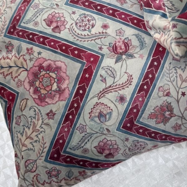 Luxury Botanical Cushion Cover in Sage & Crimson | Designer Floral Pillow for Elegant Interiors