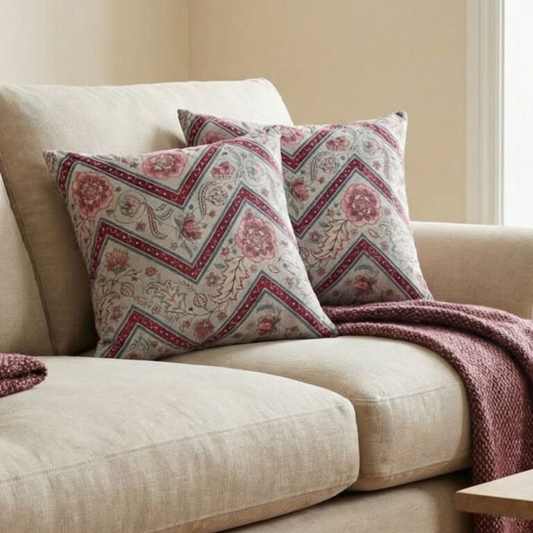 Luxury botanical cushion cover featuring intricate floral motifs in soft sage, blush, and deep crimson with geometric accents, perfect for premium interiors and designer styling.