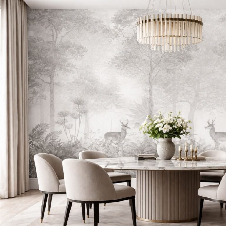 Luxury monochrome forest wallpaper featuring deer silhouettes in misty woodland scenery with botanical foliage, designed for premium living room and bedroom interiors.