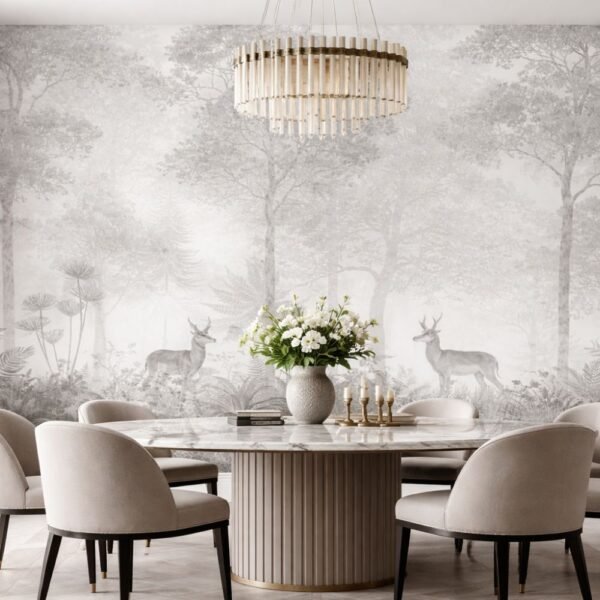 Luxury monochrome forest wallpaper featuring deer silhouettes in misty woodland scenery with botanical foliage, designed for premium living room and bedroom interiors.