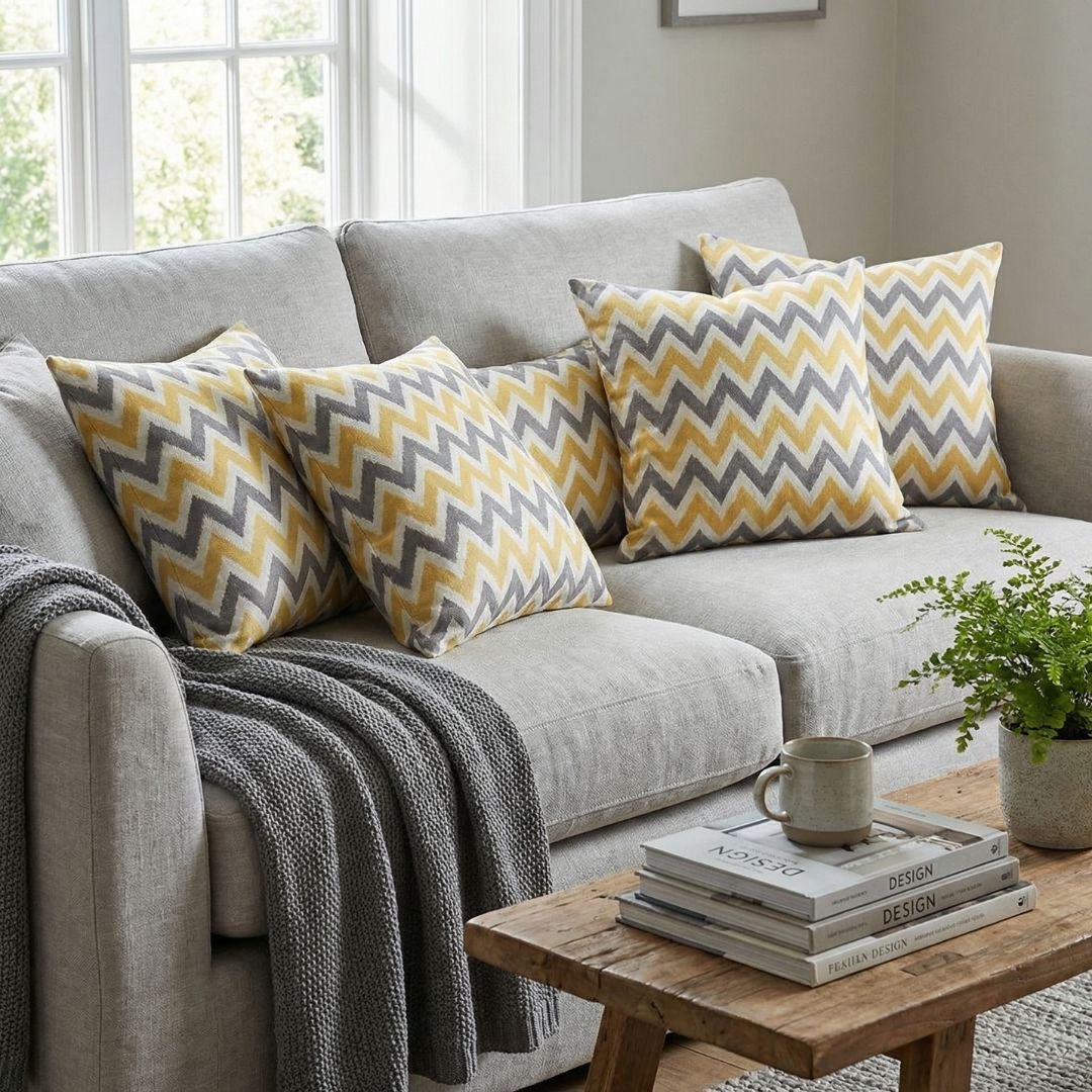 Luxury mustard and grey chevron designer cushion covers in premium fabric placed on white textured bedding, modern bespoke home decor accent pillows