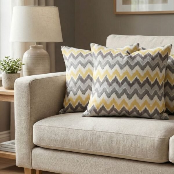 Luxury mustard and grey chevron designer cushion covers in premium fabric placed on white textured bedding, modern bespoke home decor accent pillows