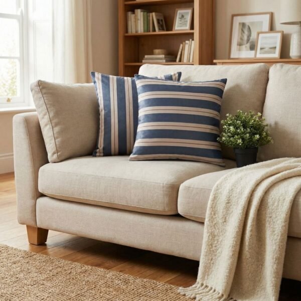 Luxury navy and ivory striped designer cushion covers styled against textured geometric wallpaper with decorative greenery, premium modern interior styling inspiration.