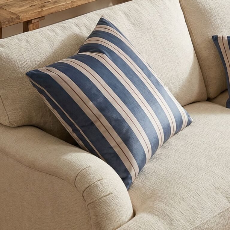 Luxury navy and ivory striped designer cushion covers styled against textured geometric wallpaper with decorative greenery, premium modern interior styling inspiration.