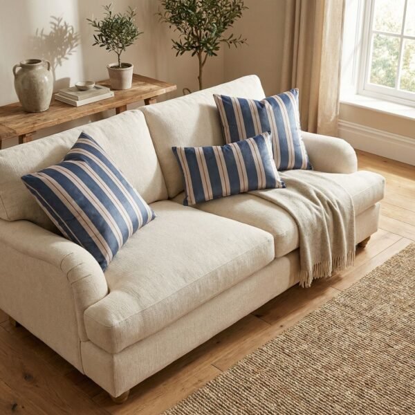 Luxury navy and ivory striped designer cushion covers styled against textured geometric wallpaper with decorative greenery, premium modern interior styling inspiration.