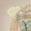 Luxury Mughal palace wallpaper featuring peacock, deer, colorful parrot and ornate fountain framed by intricate domed architecture in soft pastel tones.