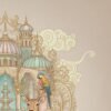 Luxury Mughal palace wallpaper featuring peacock, deer, colorful parrot and ornate fountain framed by intricate domed architecture in soft pastel tones.