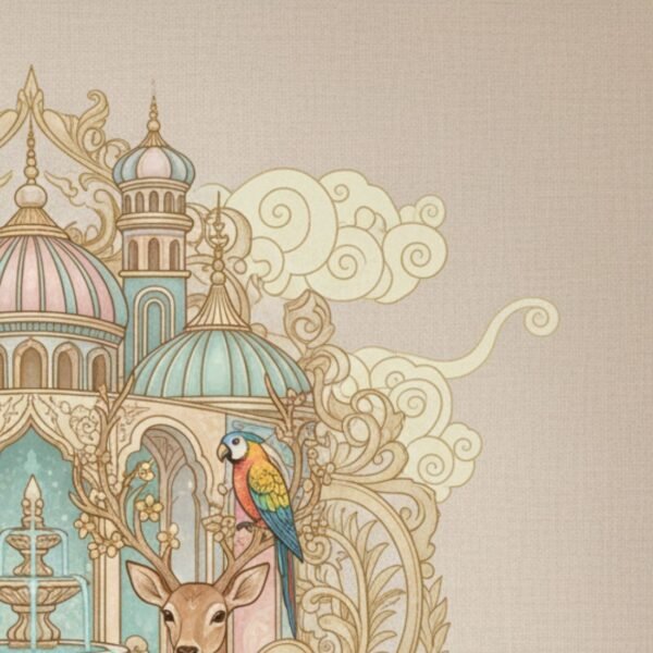Luxury Mughal palace wallpaper featuring peacock, deer, colorful parrot and ornate fountain framed by intricate domed architecture in soft pastel tones.