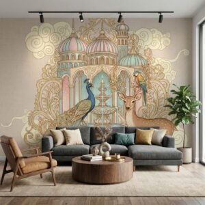 Luxury Mughal palace wallpaper featuring peacock, deer, colorful parrot and ornate fountain framed by intricate domed architecture in soft pastel tones.
