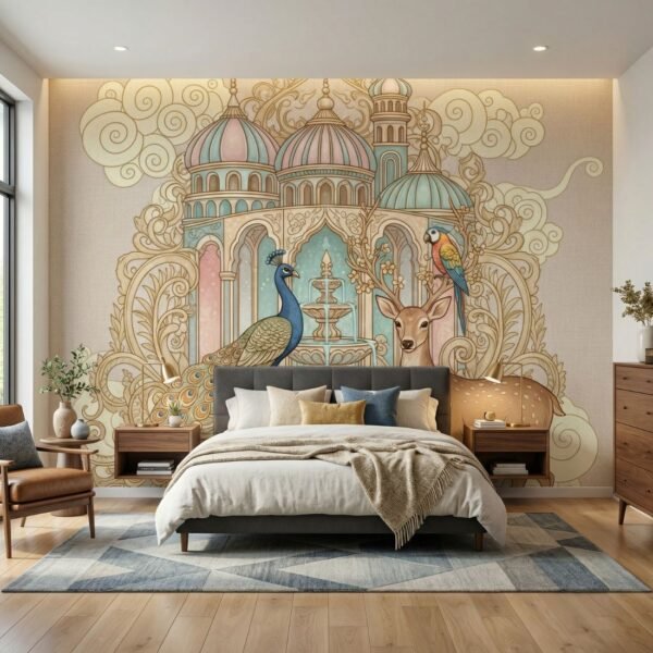 Luxury Mughal palace wallpaper featuring peacock, deer, colorful parrot and ornate fountain framed by intricate domed architecture in soft pastel tones.