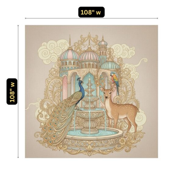 Luxury Mughal palace wallpaper featuring peacock, deer, colorful parrot and ornate fountain framed by intricate domed architecture in soft pastel tones.