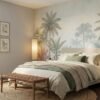 Luxury tropical palm wallpaper mural with soft misty jungle background, pastel botanical foliage and elegant neutral tones for premium living room and bedroom interiors.