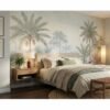 Luxury tropical palm wallpaper mural with soft misty jungle background, pastel botanical foliage and elegant neutral tones for premium living room and bedroom interiors.