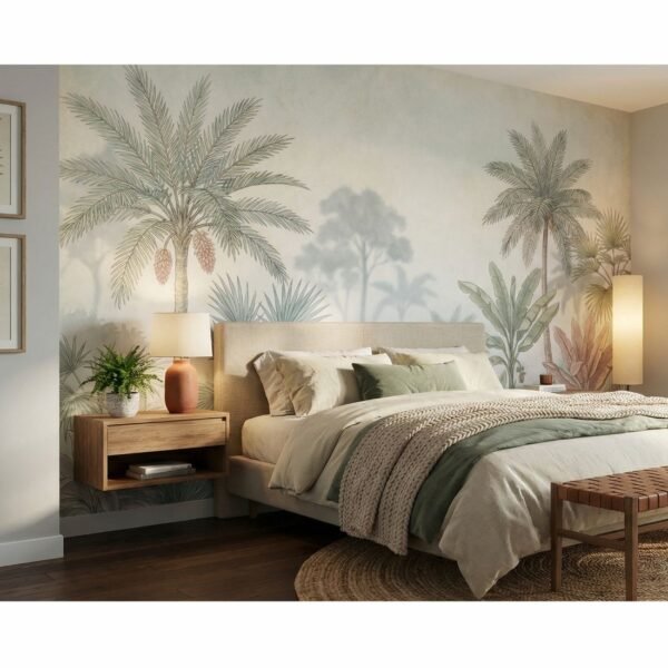 Luxury tropical palm wallpaper mural with soft misty jungle background, pastel botanical foliage and elegant neutral tones for premium living room and bedroom interiors.