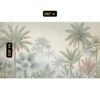Luxury tropical palm wallpaper mural with soft misty jungle background, pastel botanical foliage and elegant neutral tones for premium living room and bedroom interiors.
