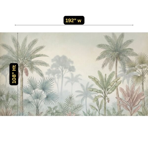 Luxury tropical palm wallpaper mural with soft misty jungle background, pastel botanical foliage and elegant neutral tones for premium living room and bedroom interiors.