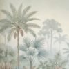 Luxury tropical palm wallpaper mural with soft misty jungle background, pastel botanical foliage and elegant neutral tones for premium living room and bedroom interiors.