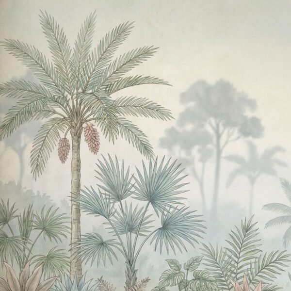 Luxury tropical palm wallpaper mural with soft misty jungle background, pastel botanical foliage and elegant neutral tones for premium living room and bedroom interiors.