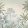 Luxury tropical palm wallpaper mural with soft misty jungle background, pastel botanical foliage and elegant neutral tones for premium living room and bedroom interiors.